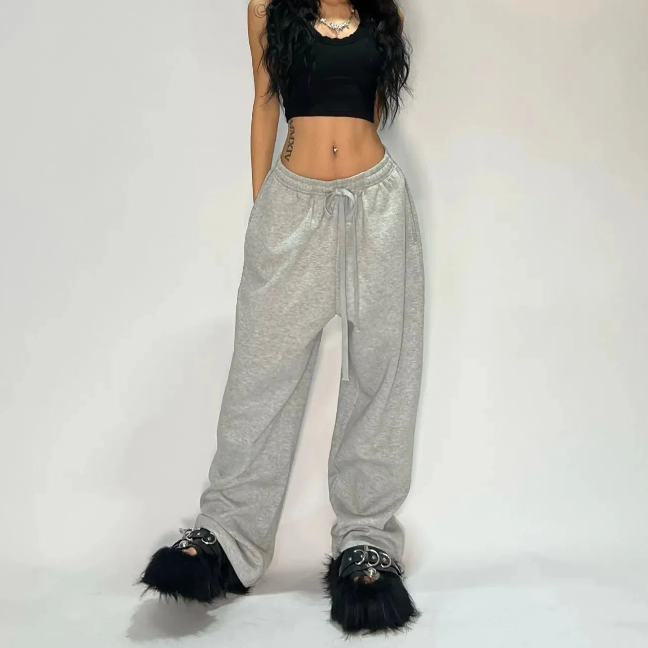 Oversize Woman Grey Black Sweatpants Y2K Korean Streetwear Loose Casual Jogger Pants High Waist All Match Drawstring Trousers