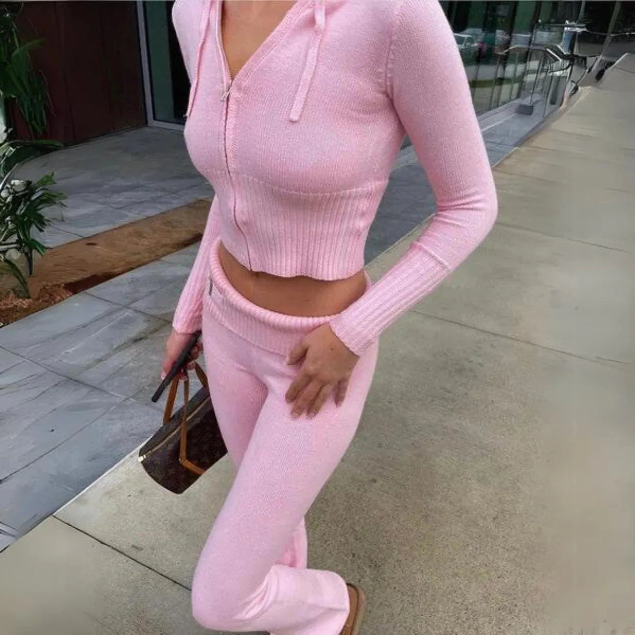 Pant Set Women Two Piece Sets Hooded Zipper Matching Sets Coats Knitted Long Pants High Waist Y2k Streetwear Elegant Casual