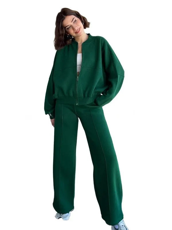 2026 New Fashion Zipper Sweatshirt + Wide Leg Pants Two-piece Sets Women Spring Casual Loose Top And Trousers Suit For Women
