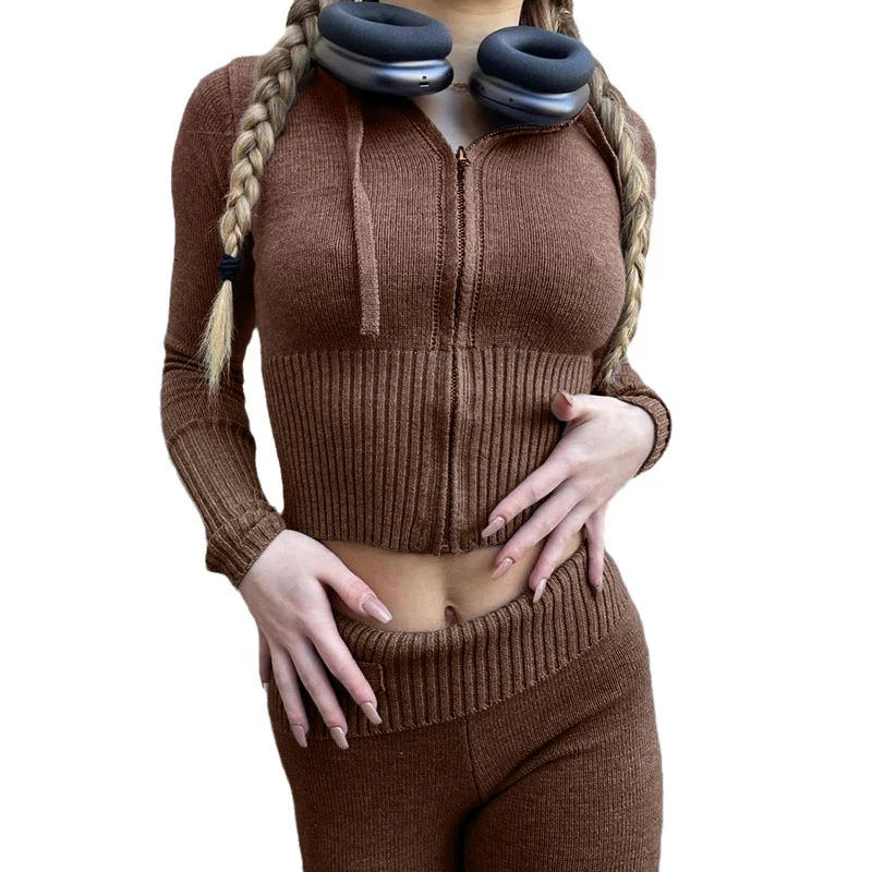 Pant Set Women Two Piece Sets Hooded Zipper Matching Sets Coats Knitted Long Pants High Waist Y2k Streetwear Elegant Casual