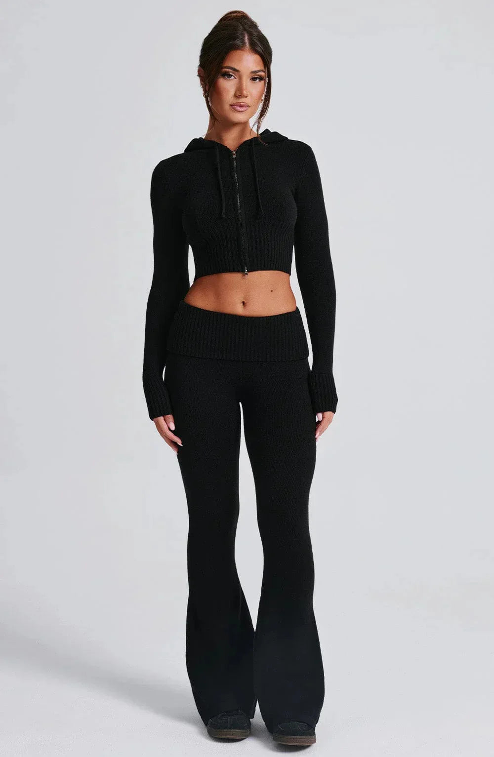 Pant Set Women Two Piece Sets Hooded Zipper Matching Sets Coats Knitted Long Pants High Waist Y2k Streetwear Elegant Casual