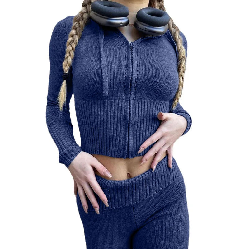 Pant Set Women Two Piece Sets Hooded Zipper Matching Sets Coats Knitted Long Pants High Waist Y2k Streetwear Elegant Casual