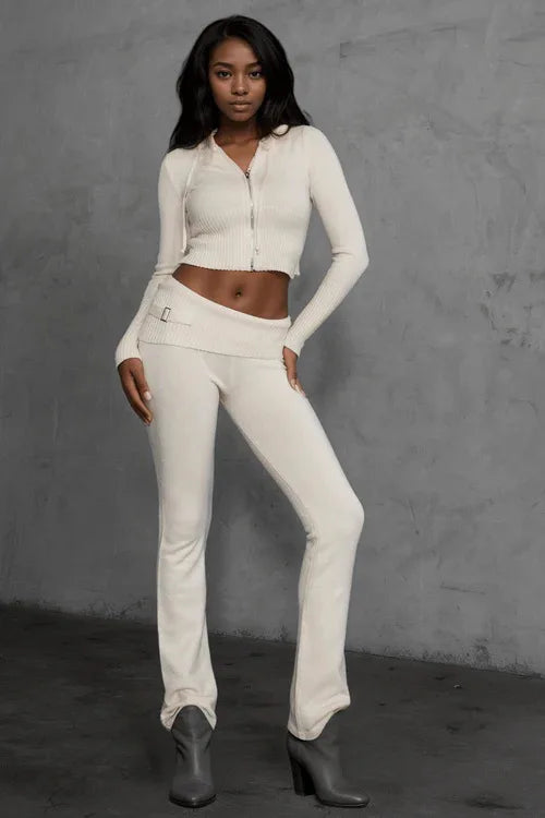 Pant Set Women Two Piece Sets Hooded Zipper Matching Sets Coats Knitted Long Pants High Waist Y2k Streetwear Elegant Casual