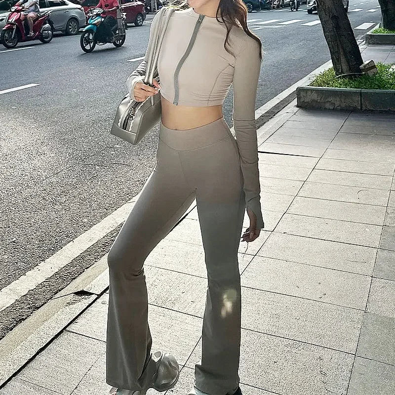 Women's Sporty Casual Zipper Open Cardigan Small Collar Top with Slimming Pants Set AE Origin China New Cross-Border Model