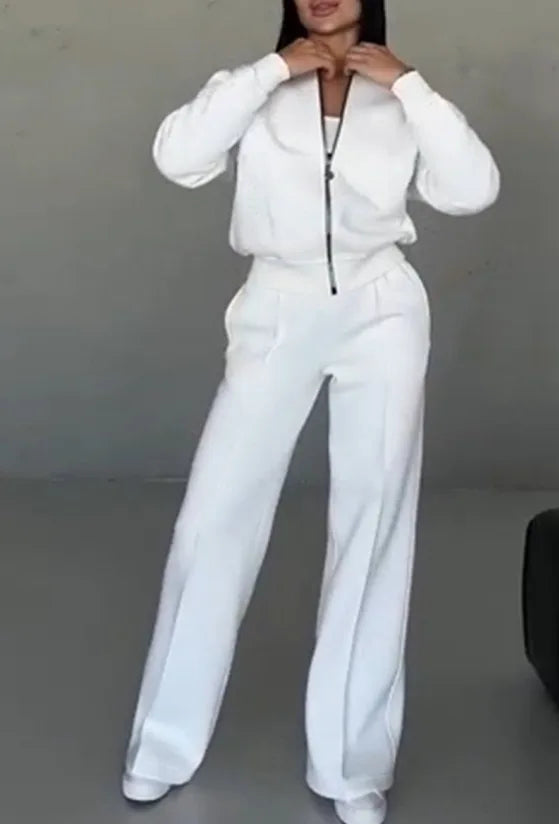 2026 New Fashion Zipper Sweatshirt + Wide Leg Pants Two-piece Sets Women Spring Casual Loose Top And Trousers Suit For Women