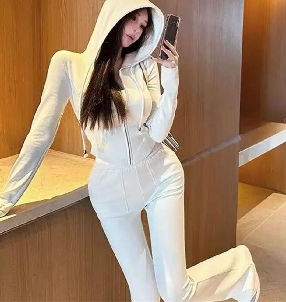 Spring New Spor Slim Fit Top Coat Casual High Waist Long Pants Two Piece Set Women's Long Sve Faion Ensemble