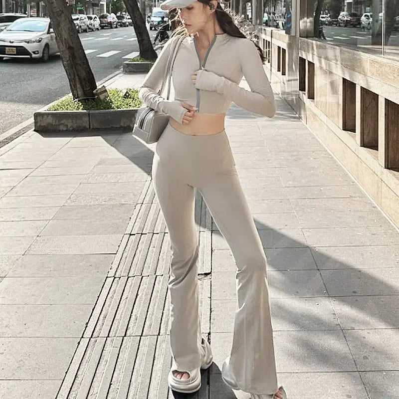 Women's Sporty Casual Zipper Open Cardigan Small Collar Top with Slimming Pants Set AE Origin China New Cross-Border Model