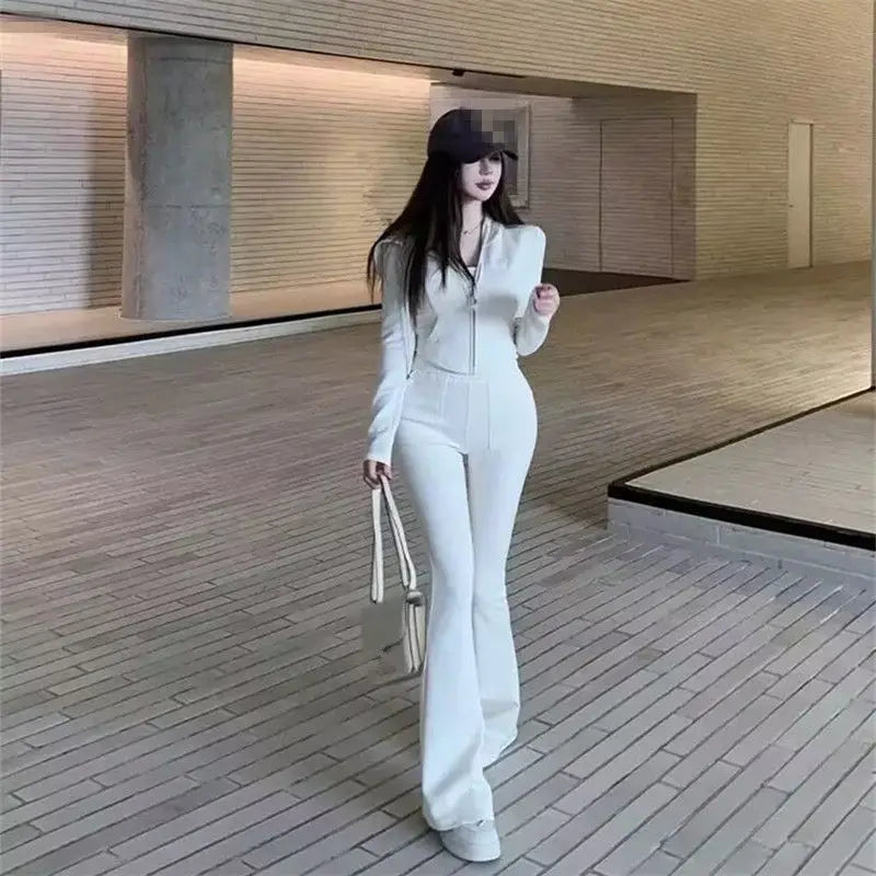 Spring New Spor Slim Fit Top Coat Casual High Waist Long Pants Two Piece Set Women's Long Sve Faion Ensemble