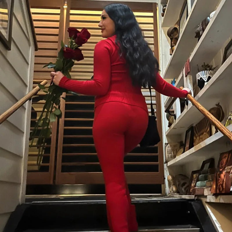 Pant Set Women Two Piece Sets Hooded Zipper Matching Sets Coats Knitted Long Pants High Waist Y2k Streetwear Elegant Casual