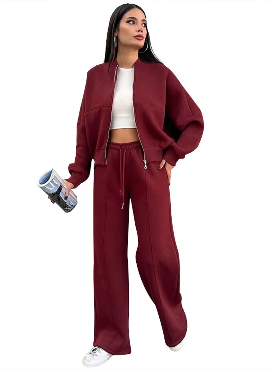 2026 New Fashion Zipper Sweatshirt + Wide Leg Pants Two-piece Sets Women Spring Casual Loose Top And Trousers Suit For Women