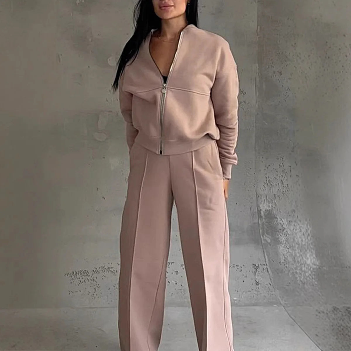 2026 New Fashion Zipper Sweatshirt + Wide Leg Pants Two-piece Sets Women Spring Casual Loose Top And Trousers Suit For Women