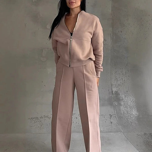 2026 New Fashion Zipper Sweatshirt + Wide Leg Pants Two-piece Sets Women Spring Casual Loose Top And Trousers Suit For Women
