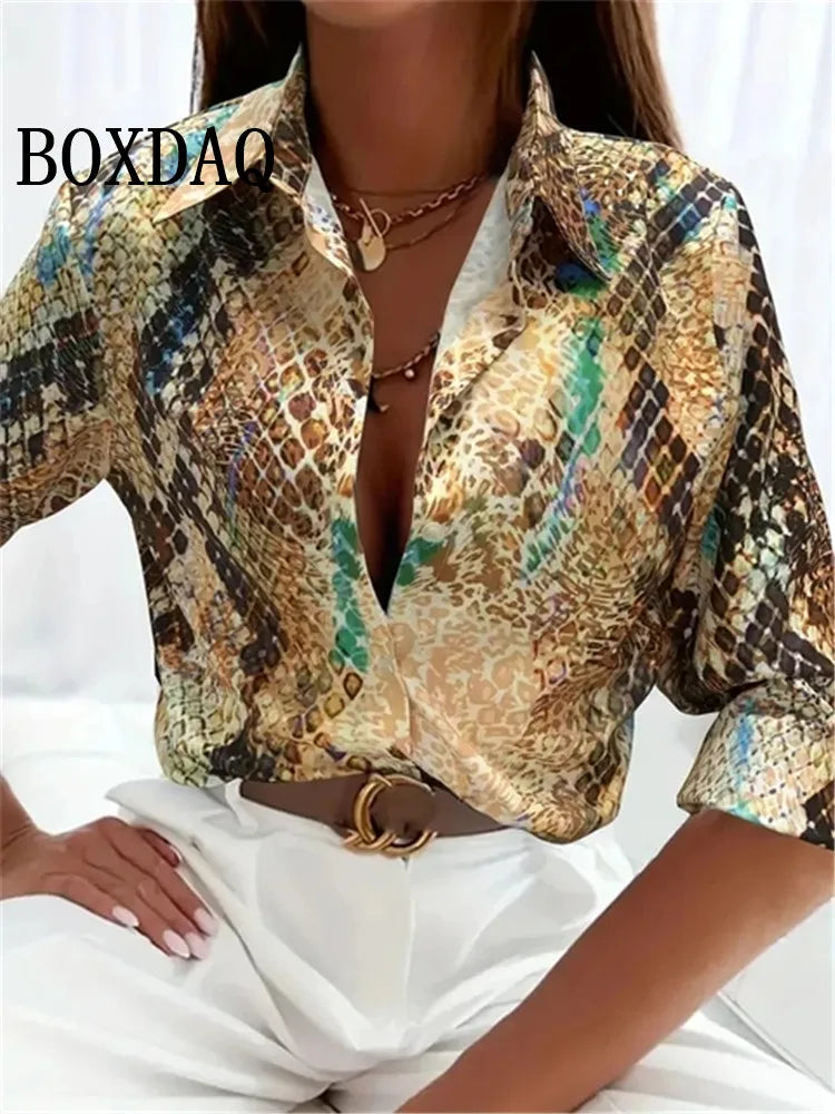 2024 Leopard Print Pattern Lapel Button Women's Shirt 3D Printed Casual Fashion Long Sleeve Button Shirts New Spring Clothes Top