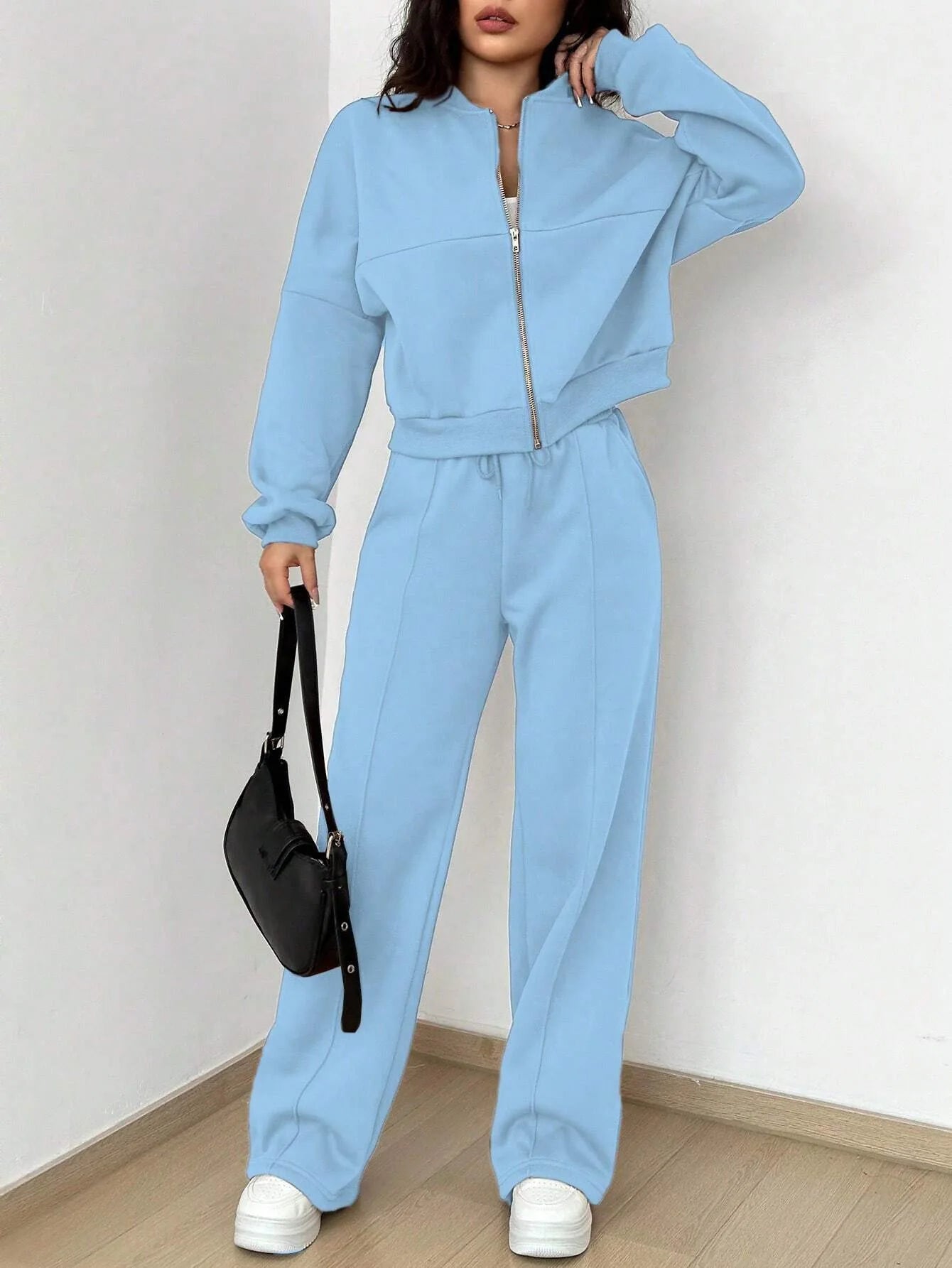 2026 New Fashion Zipper Sweatshirt + Wide Leg Pants Two-piece Sets Women Spring Casual Loose Top And Trousers Suit For Women