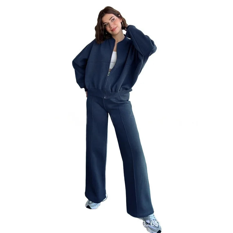 2026 New Fashion Zipper Sweatshirt + Wide Leg Pants Two-piece Sets Women Spring Casual Loose Top And Trousers Suit For Women