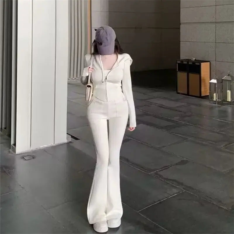 Spring New Spor Slim Fit Top Coat Casual High Waist Long Pants Two Piece Set Women's Long Sve Faion Ensemble
