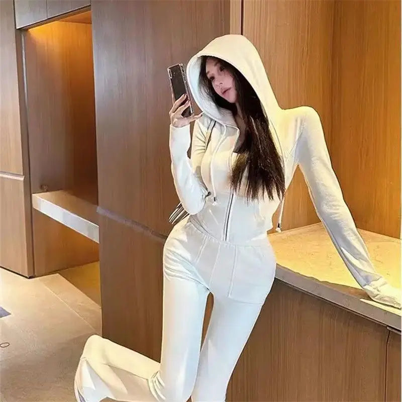 Spring New Spor Slim Fit Top Coat Casual High Waist Long Pants Two Piece Set Women's Long Sve Faion Ensemble