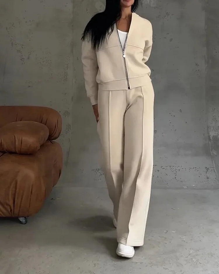 2026 New Fashion Zipper Sweatshirt + Wide Leg Pants Two-piece Sets Women Spring Casual Loose Top And Trousers Suit For Women