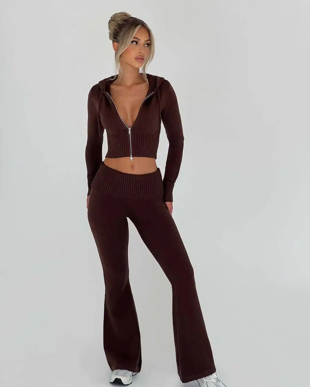 Pant Set Women Two Piece Sets Hooded Zipper Matching Sets Coats Knitted Long Pants High Waist Y2k Streetwear Elegant Casual