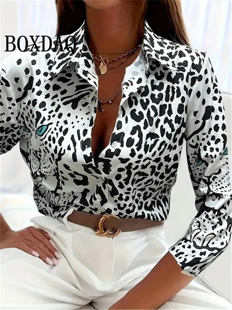 2024 Leopard Print Pattern Lapel Button Women's Shirt 3D Printed Casual Fashion Long Sleeve Button Shirts New Spring Clothes Top
