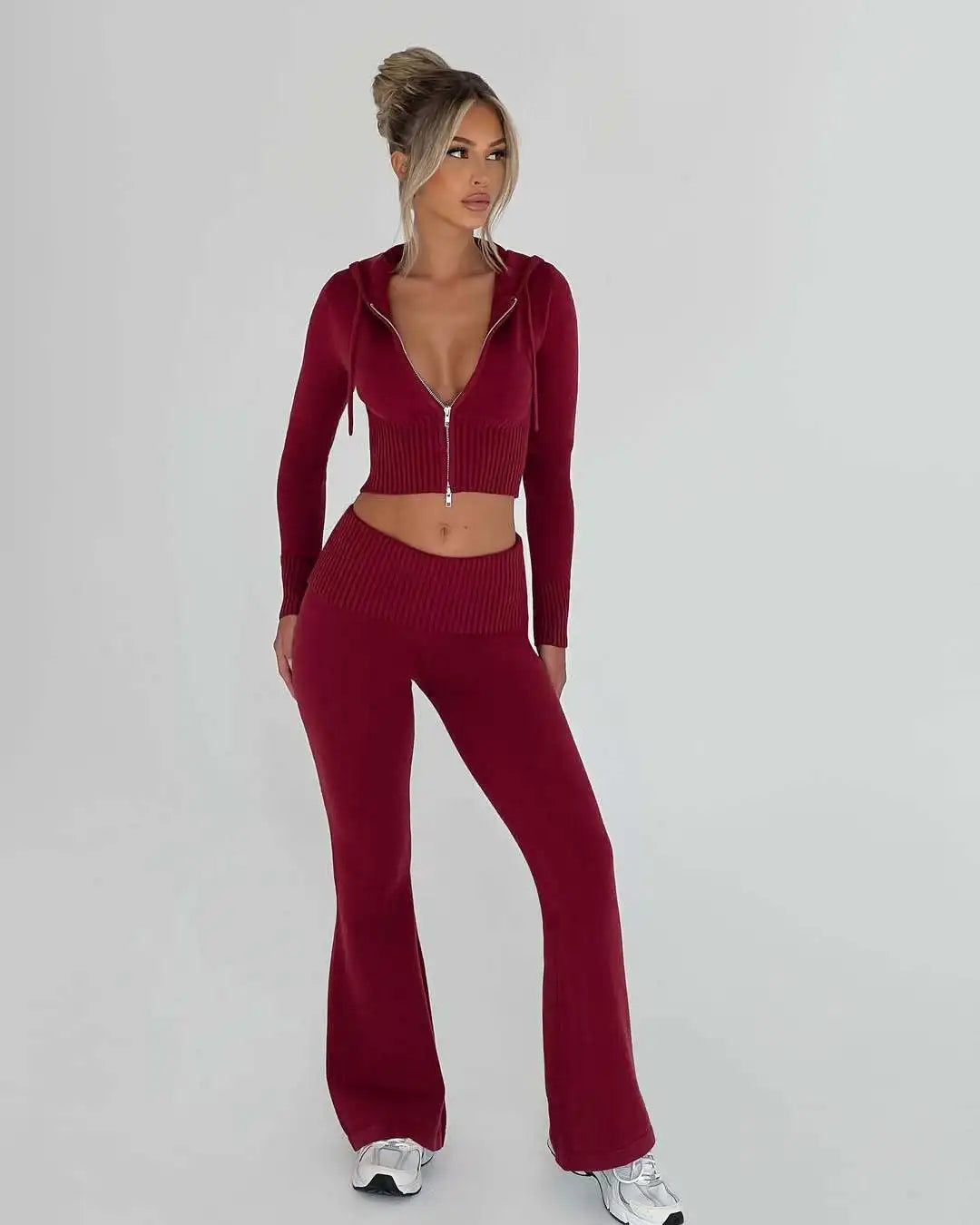 Pant Set Women Two Piece Sets Hooded Zipper Matching Sets Coats Knitted Long Pants High Waist Y2k Streetwear Elegant Casual