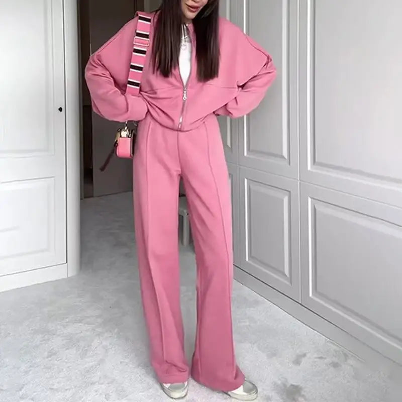 2026 New Fashion Zipper Sweatshirt + Wide Leg Pants Two-piece Sets Women Spring Casual Loose Top And Trousers Suit For Women