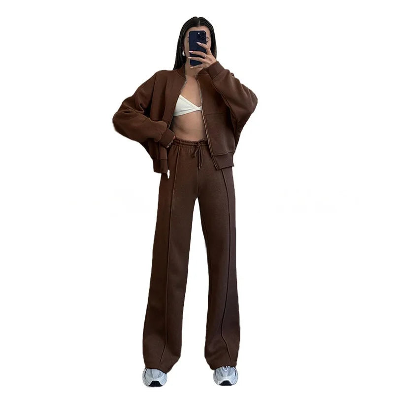 2026 New Fashion Zipper Sweatshirt + Wide Leg Pants Two-piece Sets Women Spring Casual Loose Top And Trousers Suit For Women
