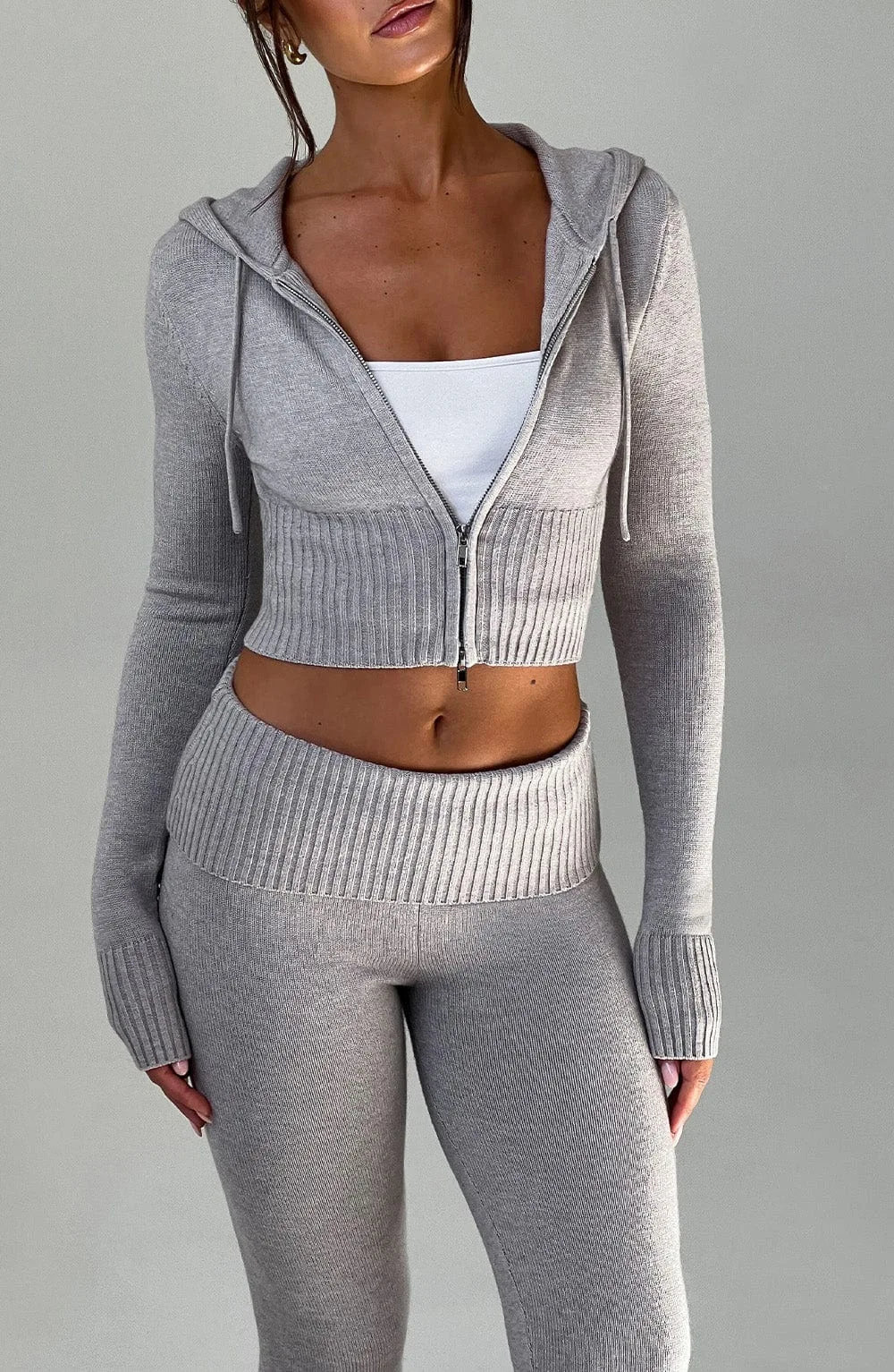 Pant Set Women Two Piece Sets Hooded Zipper Matching Sets Coats Knitted Long Pants High Waist Y2k Streetwear Elegant Casual