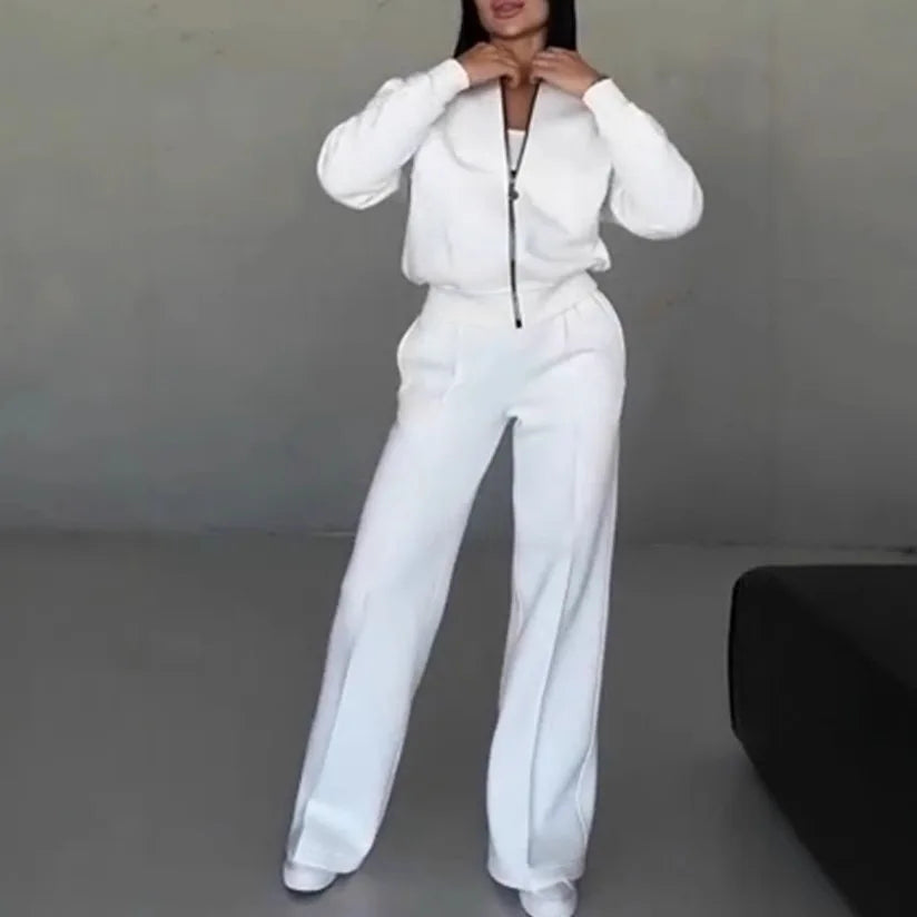 2026 New Fashion Zipper Sweatshirt + Wide Leg Pants Two-piece Sets Women Spring Casual Loose Top And Trousers Suit For Women