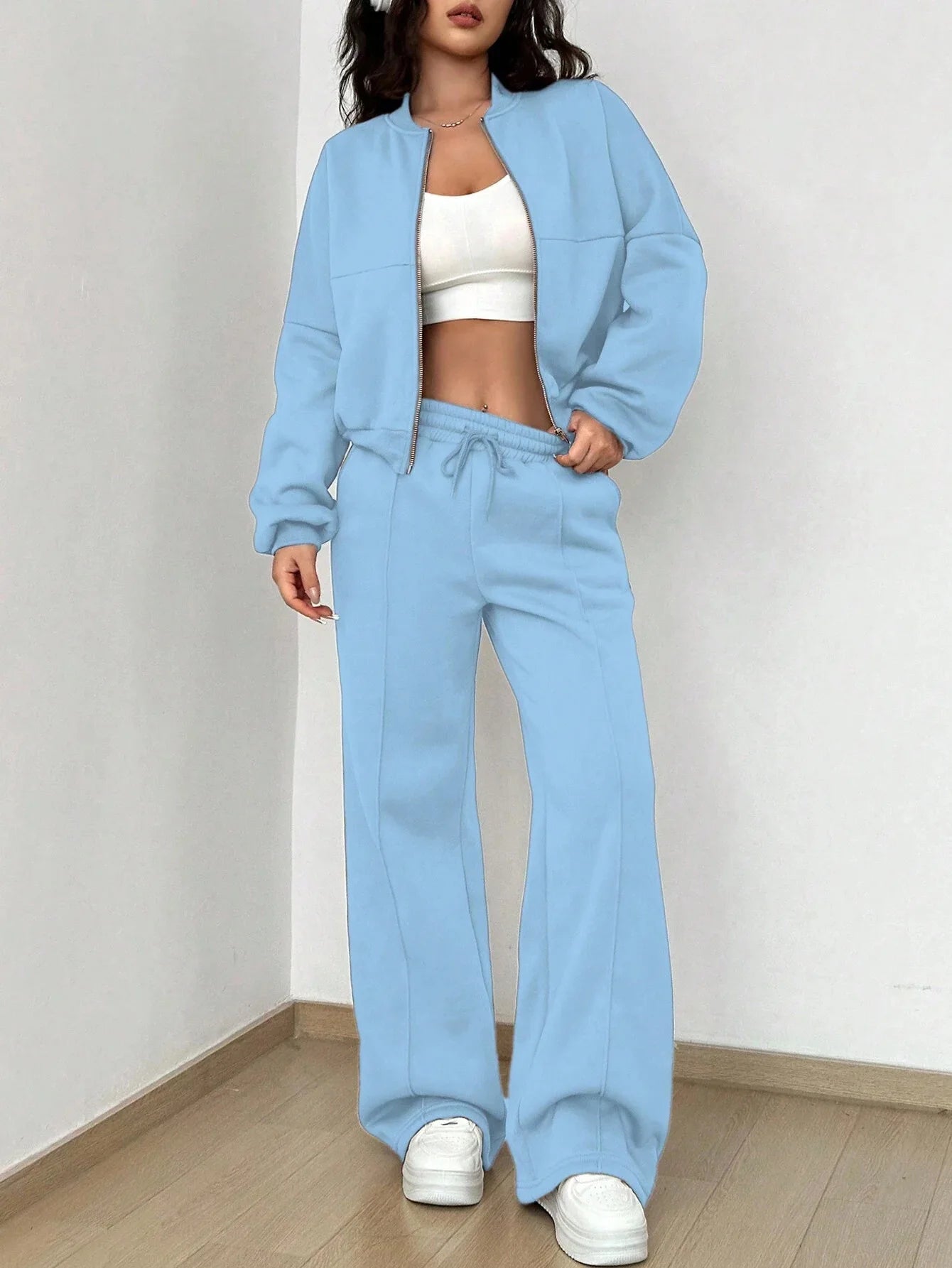 2026 New Fashion Zipper Sweatshirt + Wide Leg Pants Two-piece Sets Women Spring Casual Loose Top And Trousers Suit For Women