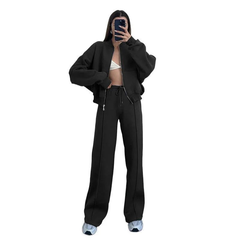 2026 New Fashion Zipper Sweatshirt + Wide Leg Pants Two-piece Sets Women Spring Casual Loose Top And Trousers Suit For Women
