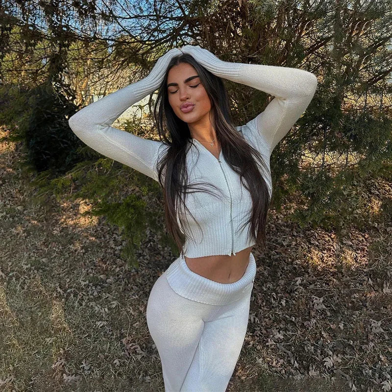 Pant Set Women Two Piece Sets Hooded Zipper Matching Sets Coats Knitted Long Pants High Waist Y2k Streetwear Elegant Casual